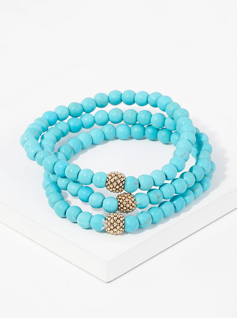 Set Of 3 4mm Semi-Precious Natural Stones And Metallic Beads Stretch Stackable Bracelet Turquoise