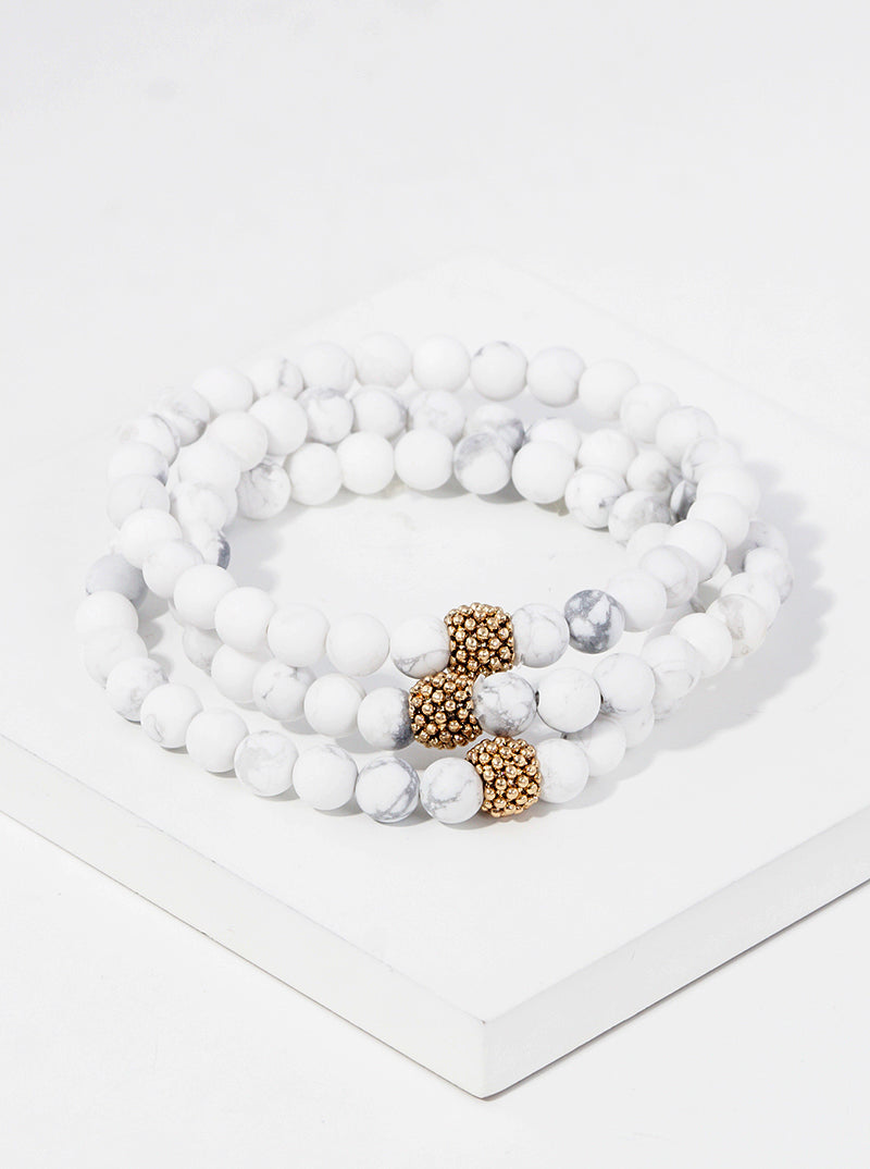 Set Of 3 4mm Semi-Precious Natural Stones And Metallic Beads Stretch Stackable Bracelet White