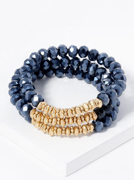 Set Of 3 5mm Faceted Glass And Metallic Beaded Stackable Stretch Bracelet