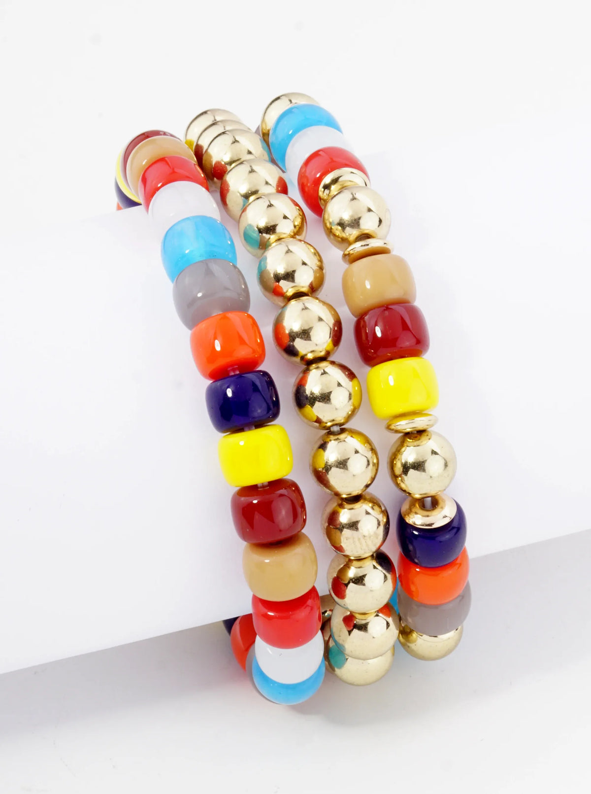 Set Of 3 8mm Glass And Metallic Bead Fun Stackable Stretch Bracelet