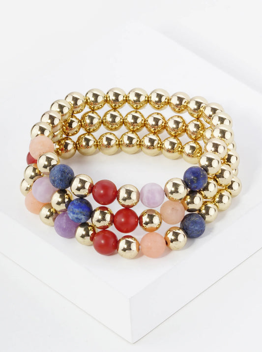 Set Of 3 9mm Semi-Precious Natural Stone Metallic Bead Stackable Stretch Bracelet