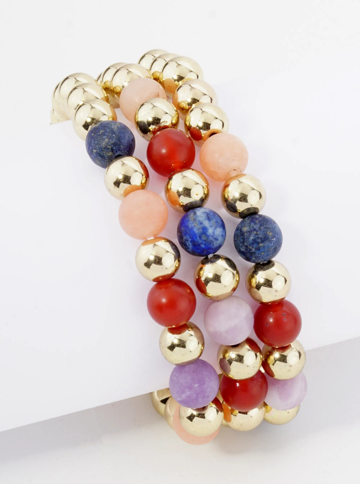 Set Of 3 9mm Semi-Precious Natural Stone Metallic Bead Stackable Stretch Bracelet