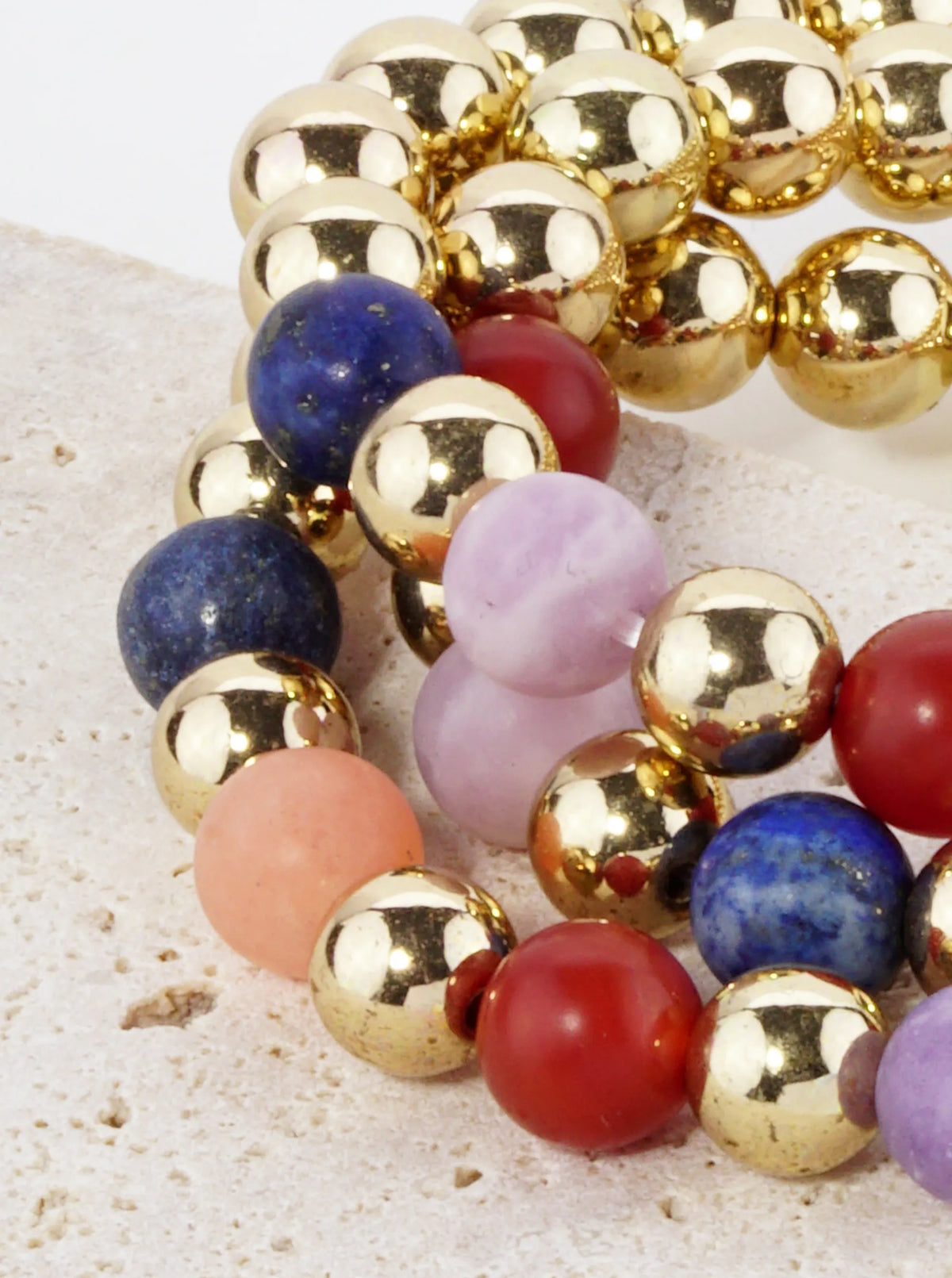 Set Of 3 9mm Semi-Precious Natural Stone Metallic Bead Stackable Stretch Bracelet