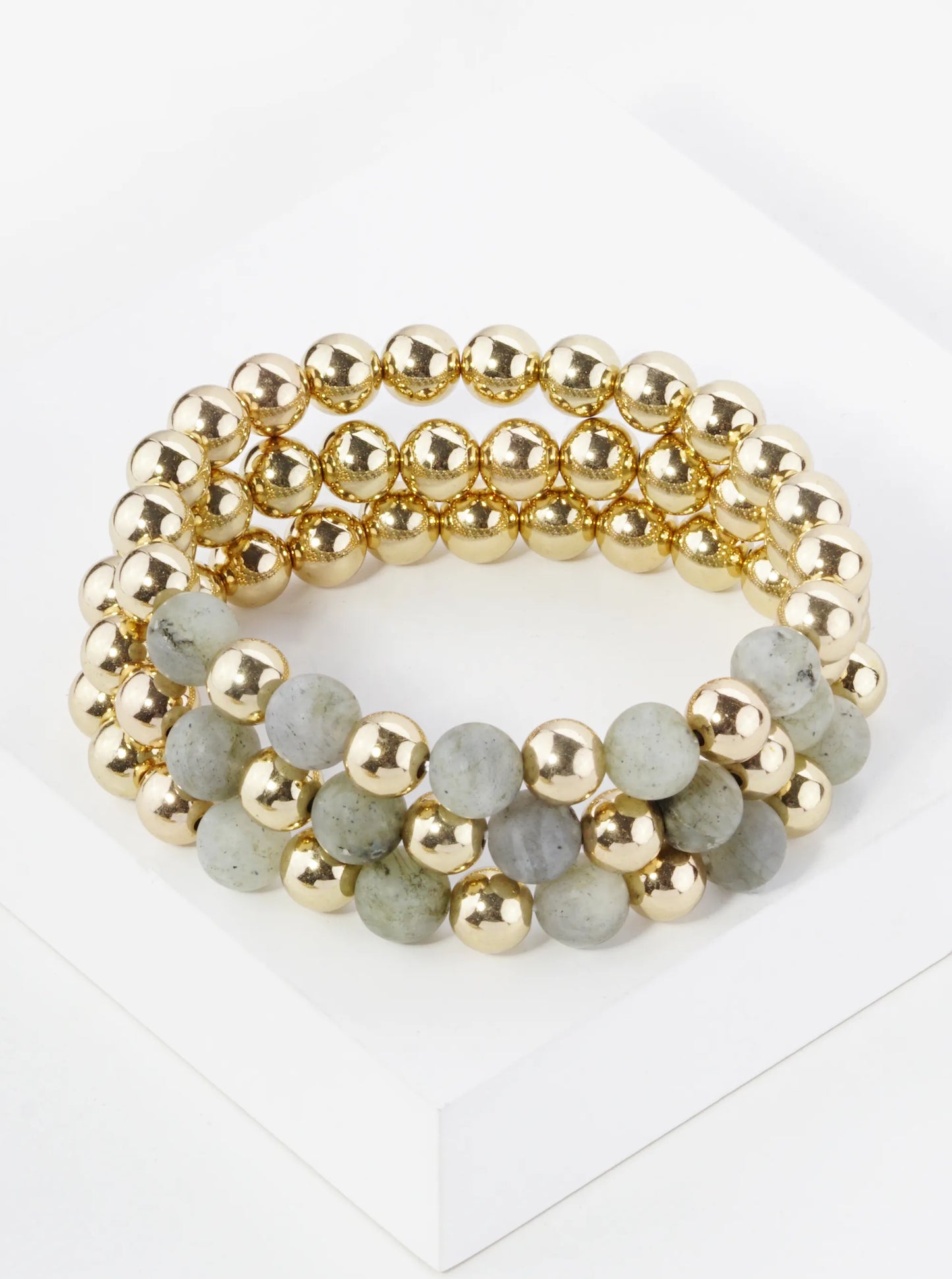 Set Of 3 9mm Semi-Precious Natural Stone Metallic Bead Stackable Stretch Bracelet