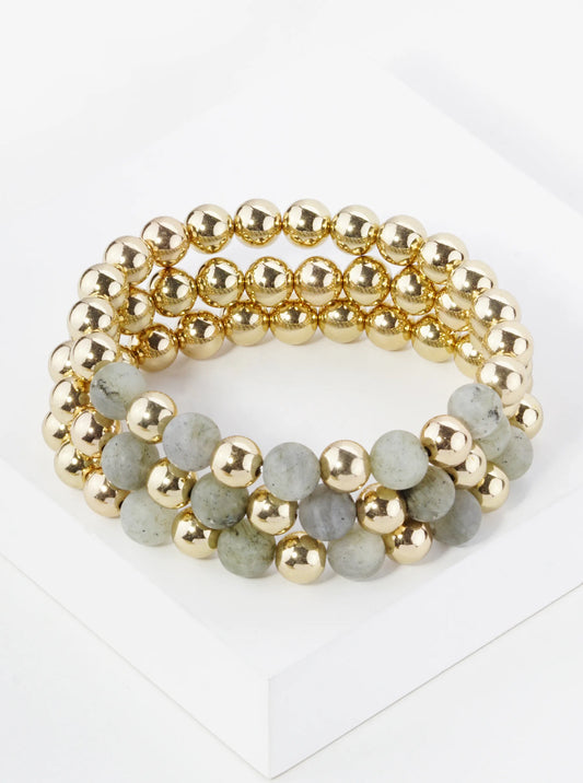 Set Of 3 9mm Semi-Precious Natural Stone Metallic Bead Stackable Stretch Bracelet