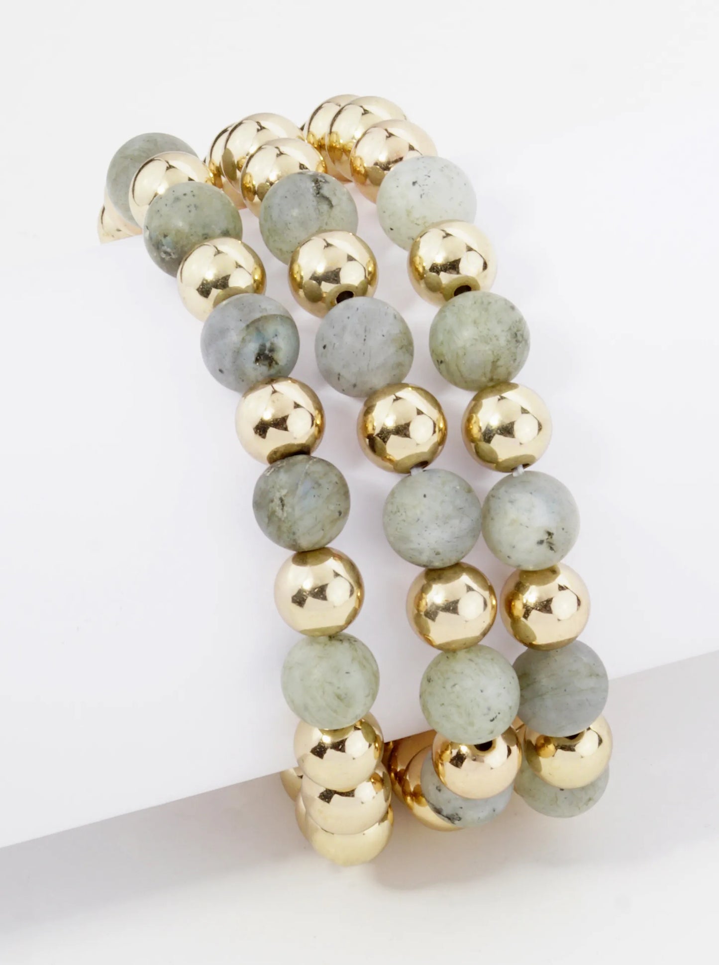 Set Of 3 9mm Semi-Precious Natural Stone Metallic Bead Stackable Stretch Bracelet