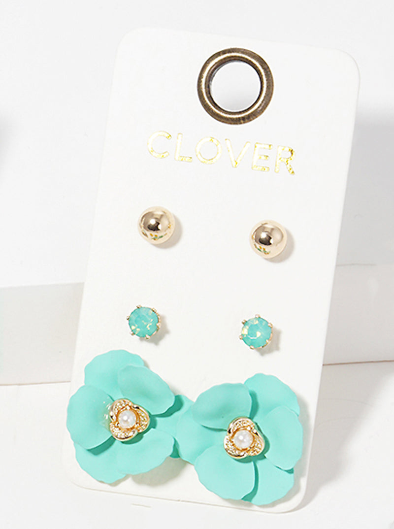 Set Of 3 Assorted Flower Post Stud Earrings