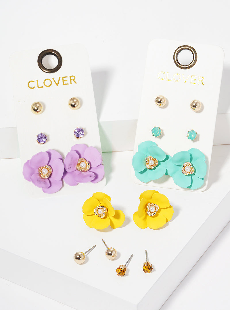 Set Of 3 Assorted Flower Post Stud Earrings