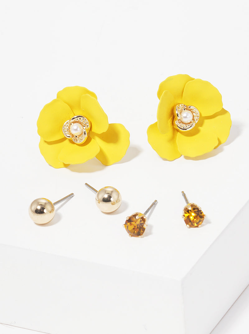 Set Of 3 Assorted Flower Post Stud Earrings