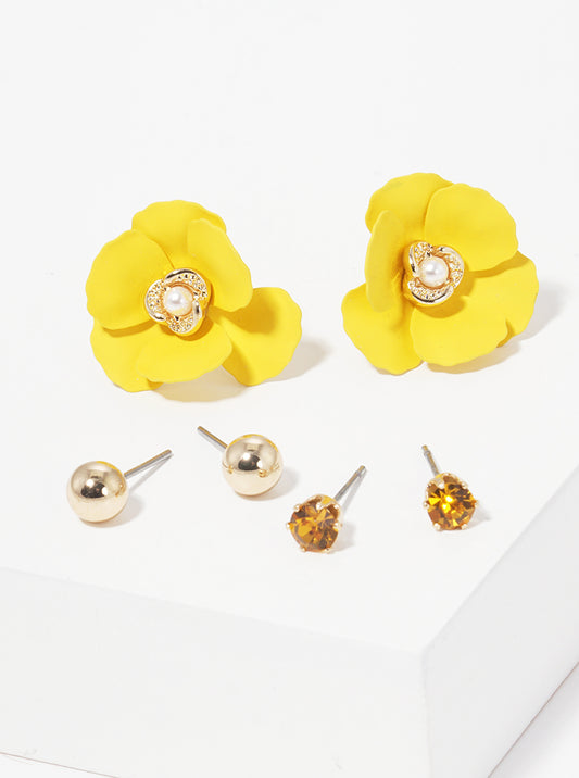 Set Of 3 Assorted Flower Post Stud Earrings