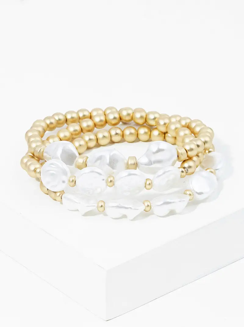 Set Of 3 Baroque Pearl And Metallic Beaded Stretch Stackable Bracelet