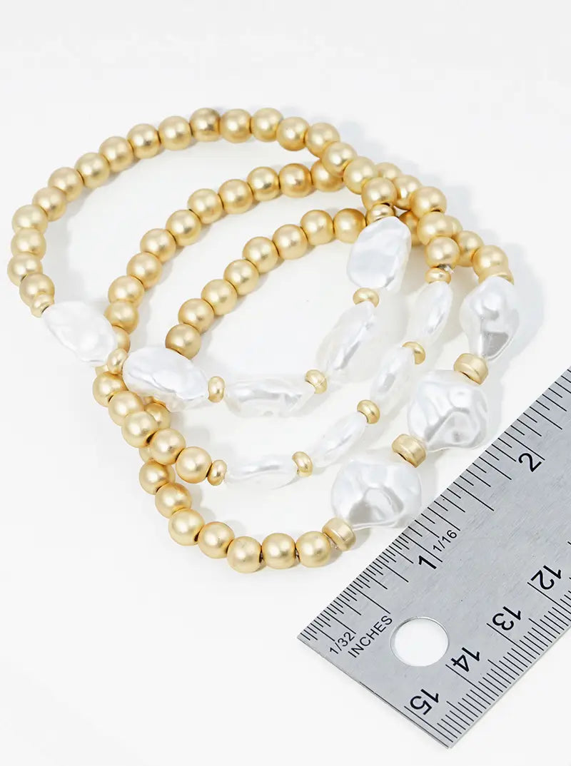 Set Of 3 Baroque Pearl And Metallic Beaded Stretch Stackable Bracelet