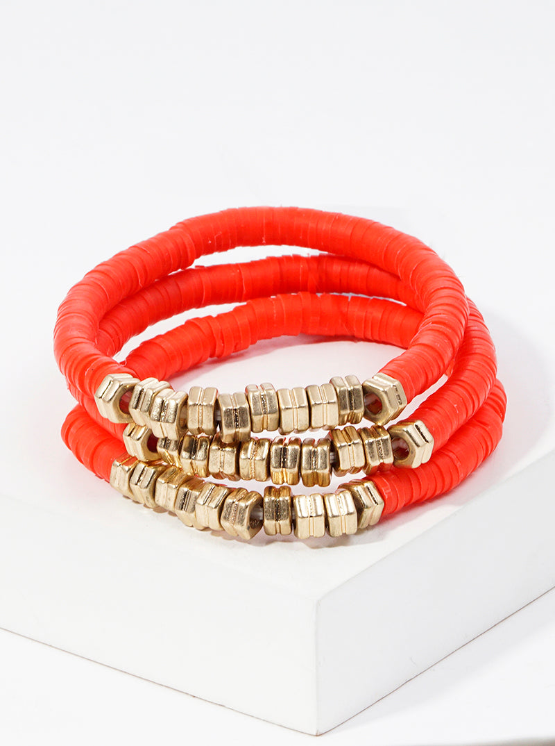 Set Of 3 Clay Bead And Metallic Bead Stretch Stackable Bracelet