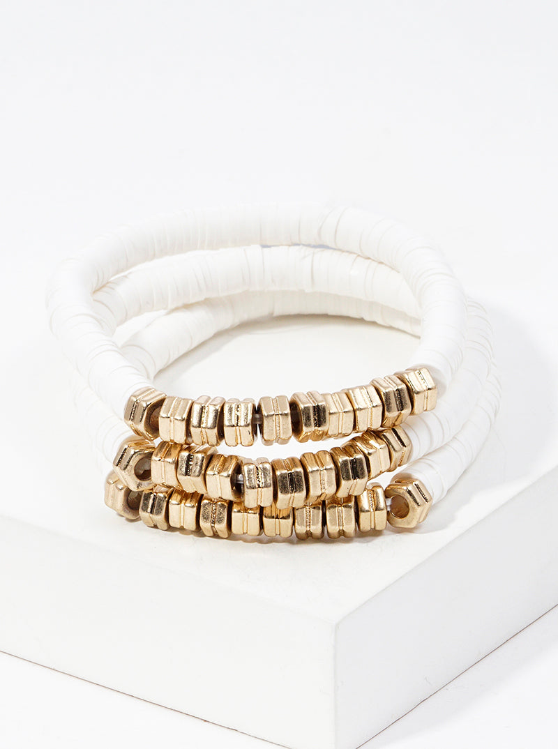 Set Of 3 Clay Bead And Metallic Bead Stretch Stackable Bracelet