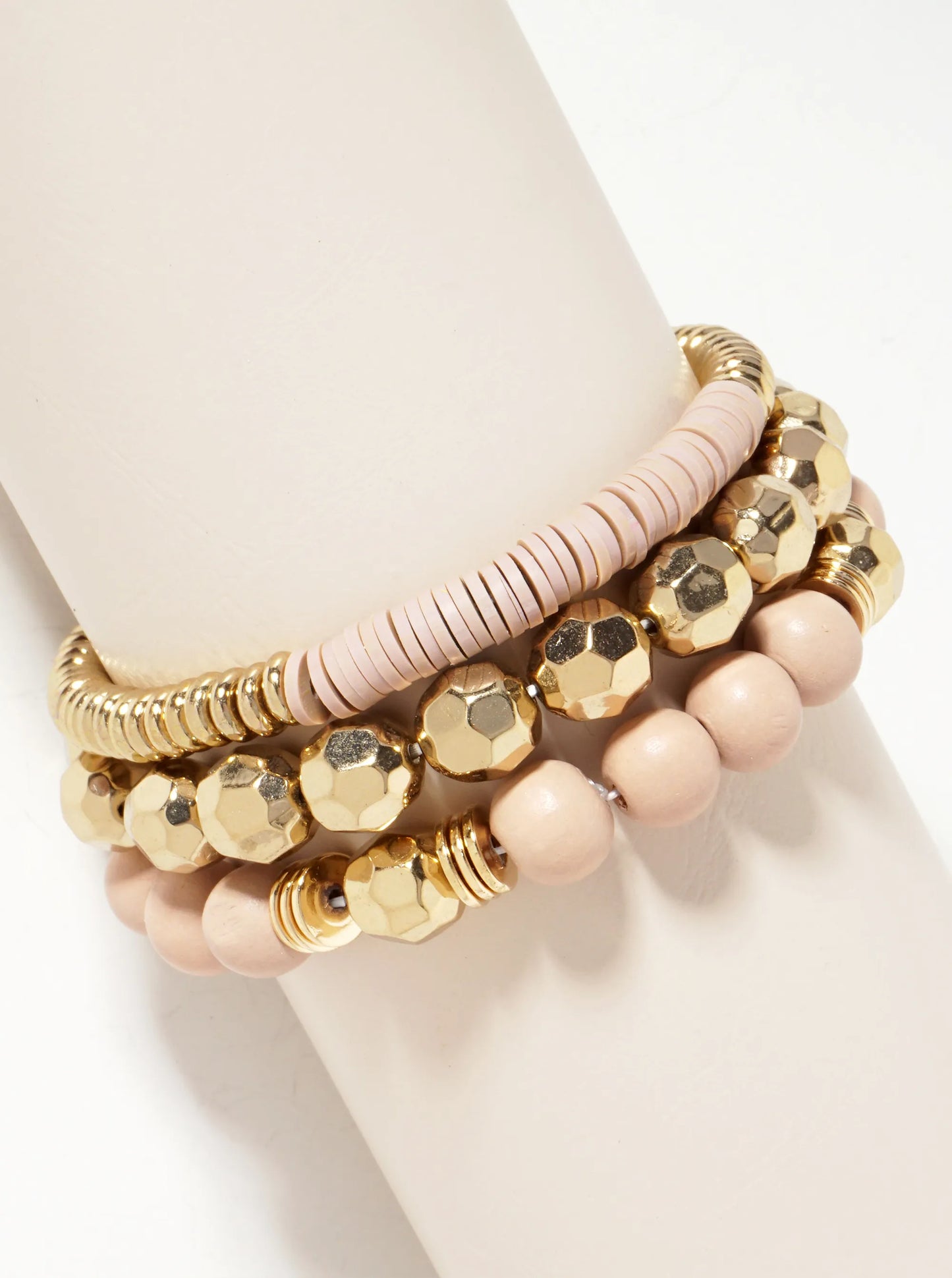 Set-of-3 Color-Coated Wood-Beads And Metallic-Beads Stackable Stretch Bracelet