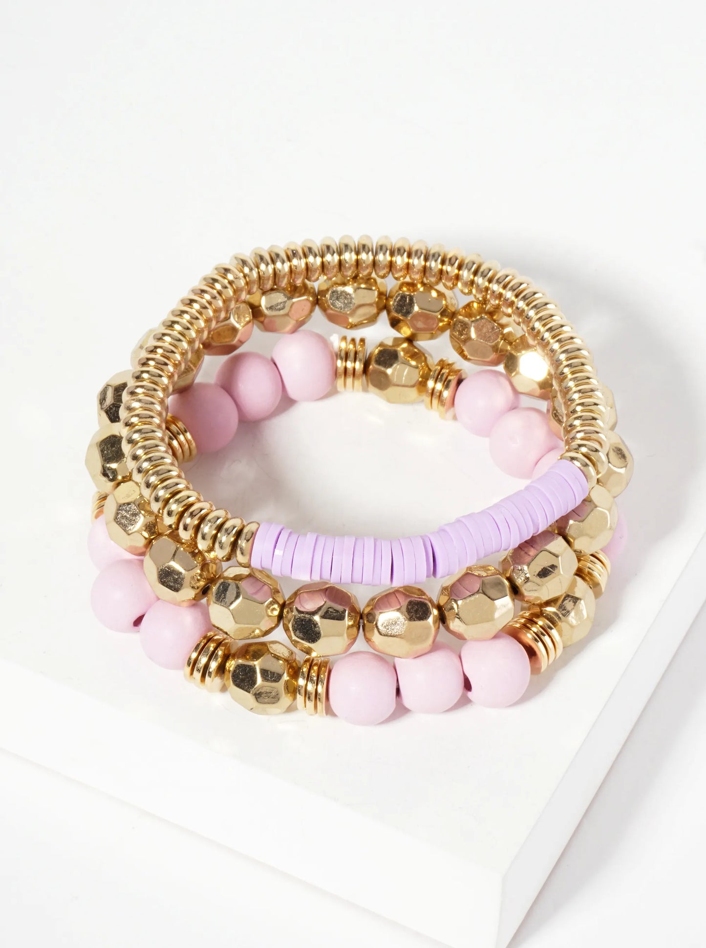 Set-of-3 Color-Coated Wood-Beads And Metallic-Beads Stackable Stretch Bracelet