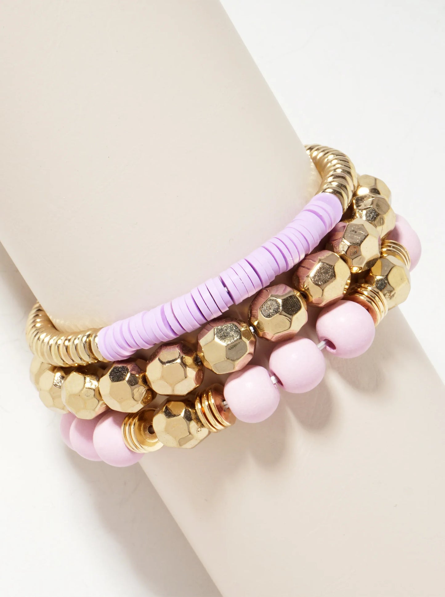Set-of-3 Color-Coated Wood-Beads And Metallic-Beads Stackable Stretch Bracelet