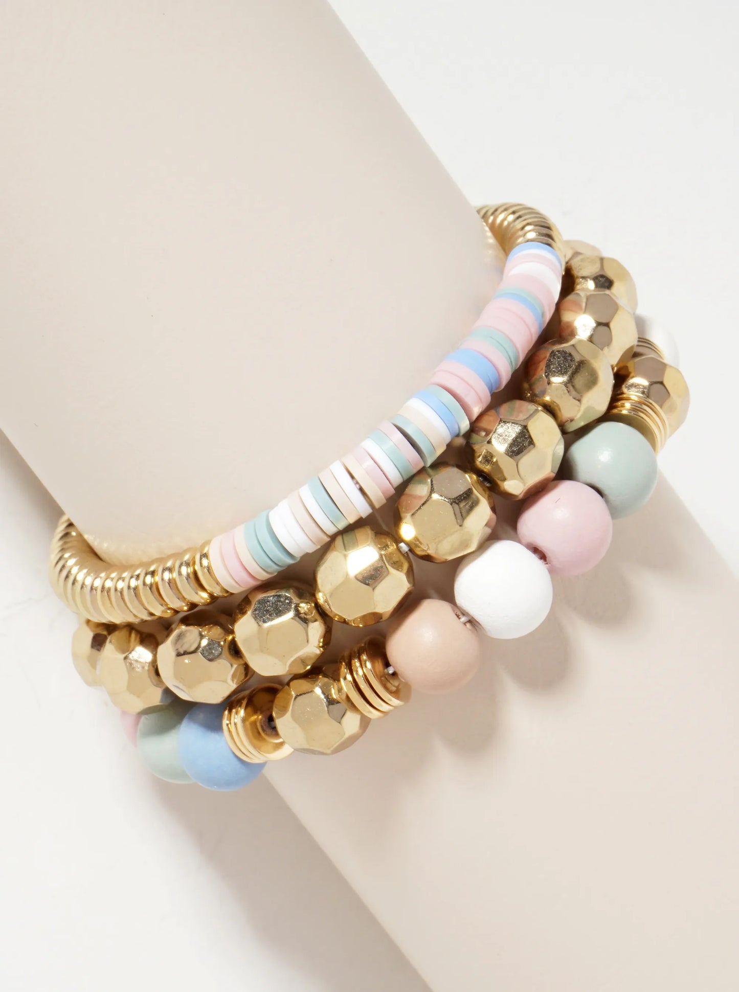Set-of-3 Color-Coated Wood-Beads And Metallic-Beads Stackable Stretch Bracelet