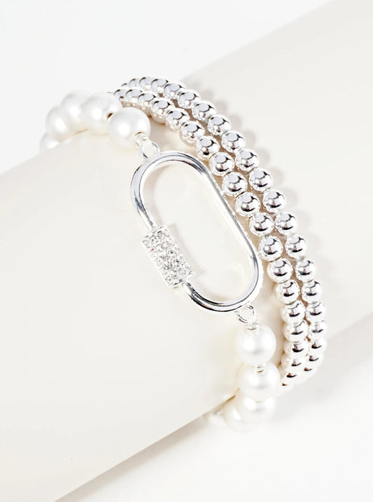 Set Of 3 Crystal Pave Carabiner Ball Beads Stackable Stretch Bracelet