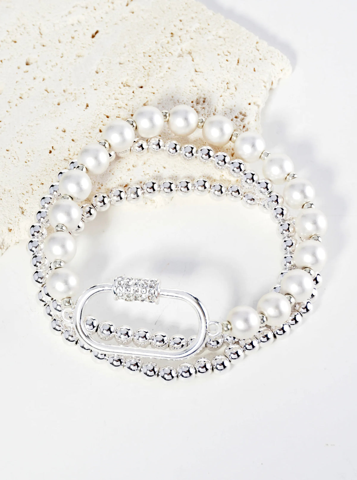 Set Of 3 Crystal Pave Carabiner Ball Beads Stackable Stretch Bracelet