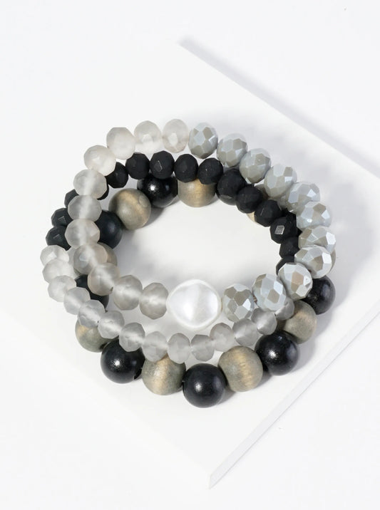 Set Of 3 Faceted Wood And Glass Beaded Stackable Stretch Bracelet