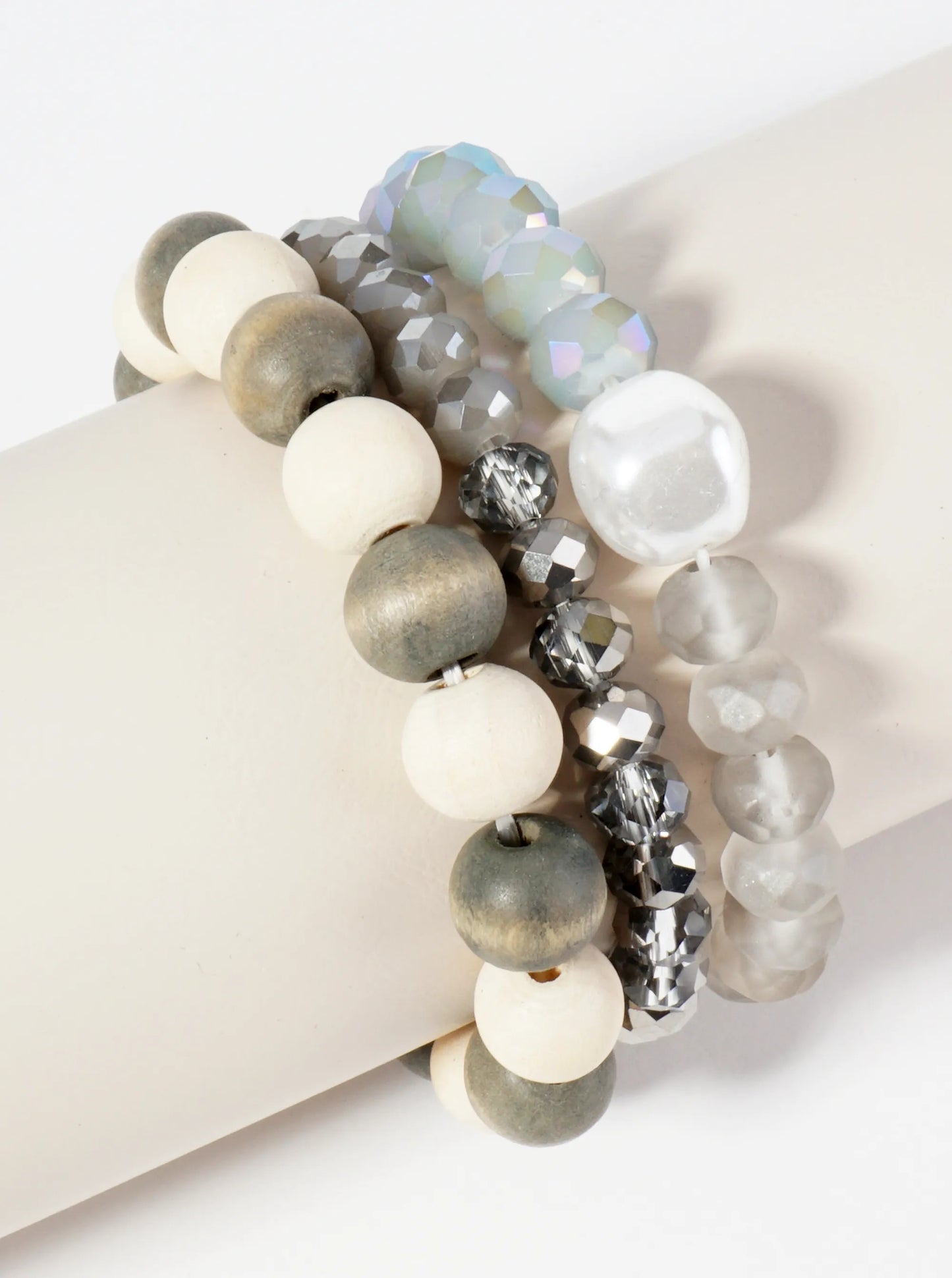 Set Of 3 Faceted Wood And Glass Beaded Stackable Stretch Bracelet