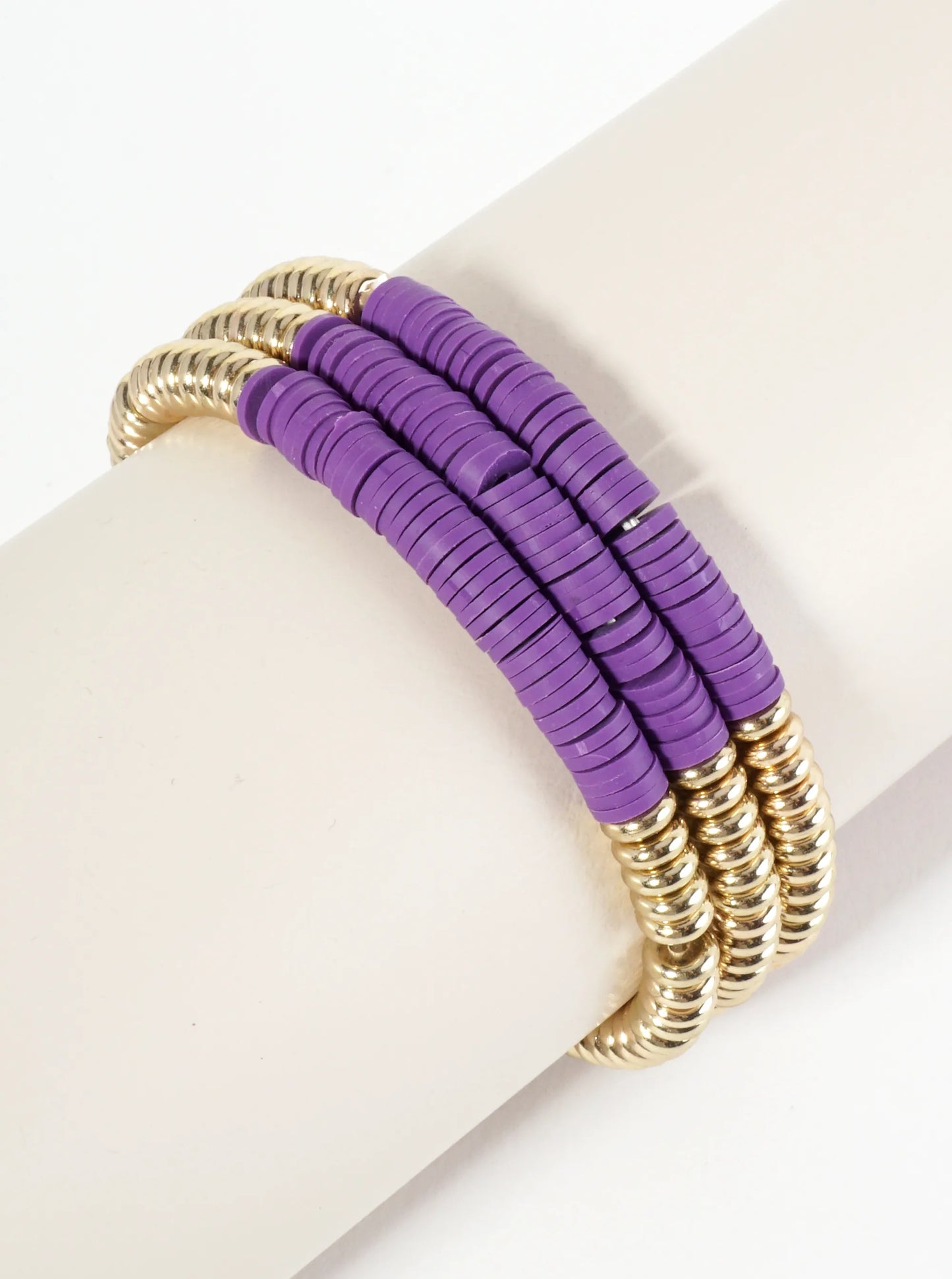 Set Of 3 Heishi And Metallic Beads Stackable Stretch Bracelet