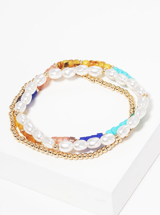 Set Of 3 Multi Bead Stackable Stretch Bracelet