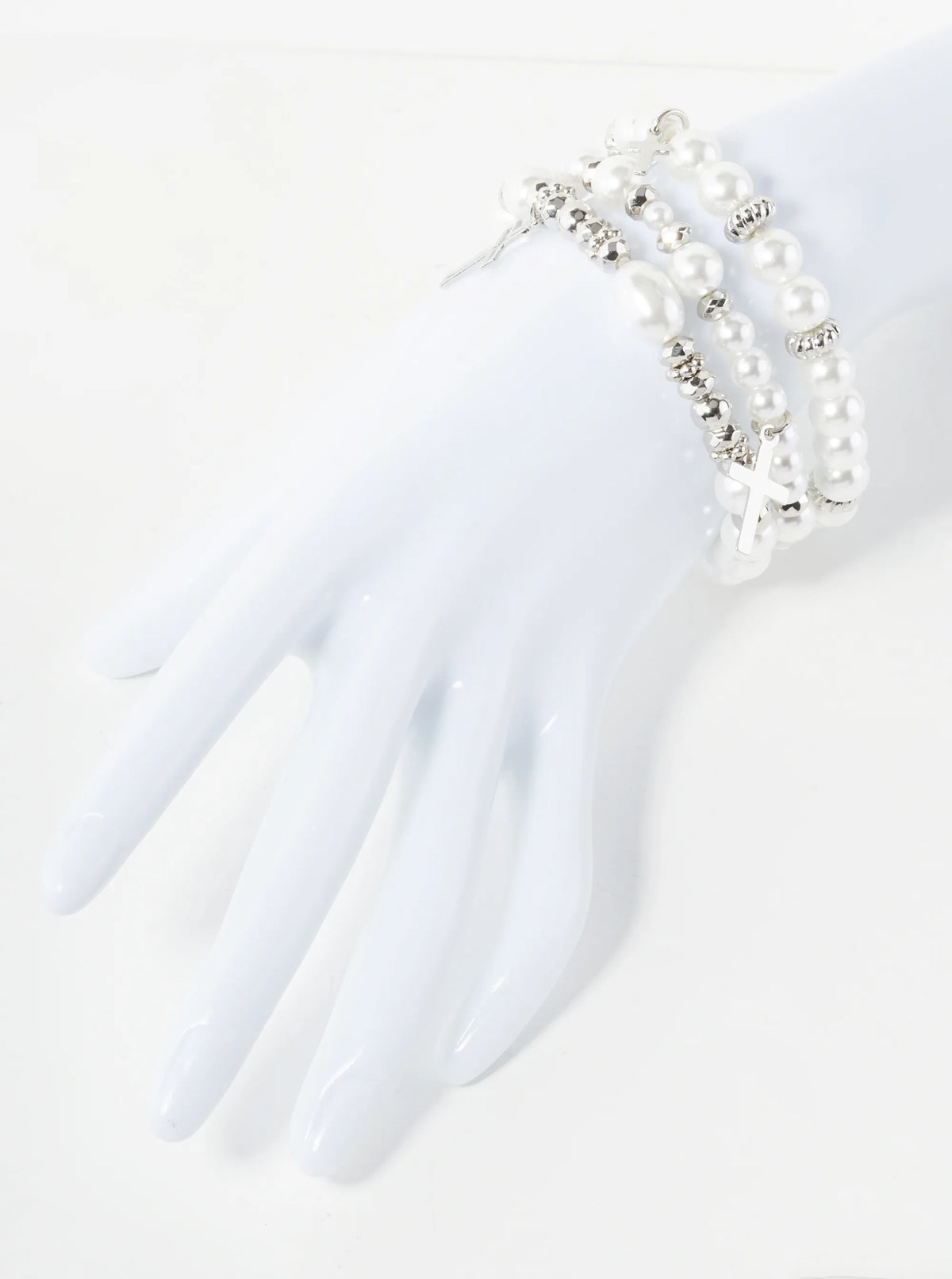 Set Of 3 Pearl Beaded Stackable Stretch Bracelet With Cross Charms