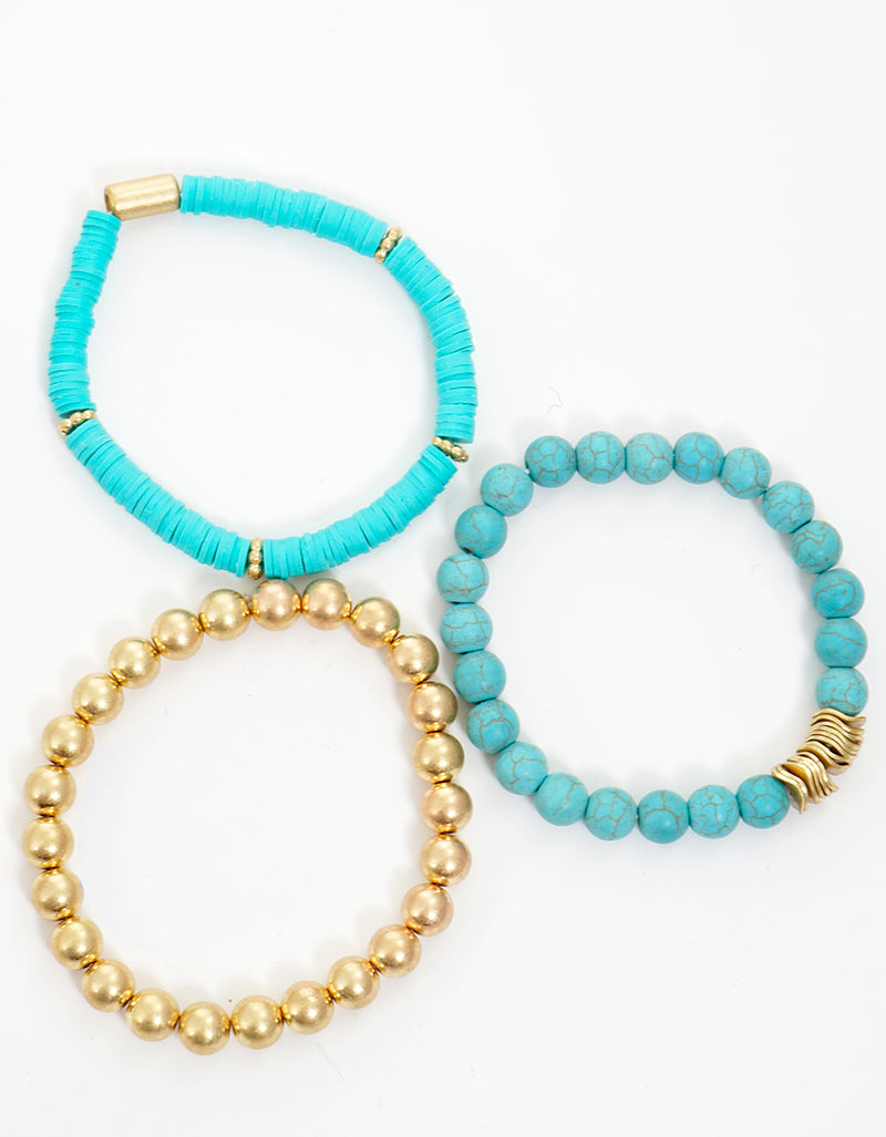 Set Of 3 Semi-precious Stone Clay Bead And Metallic Bead Stackable Stretch Bracelet