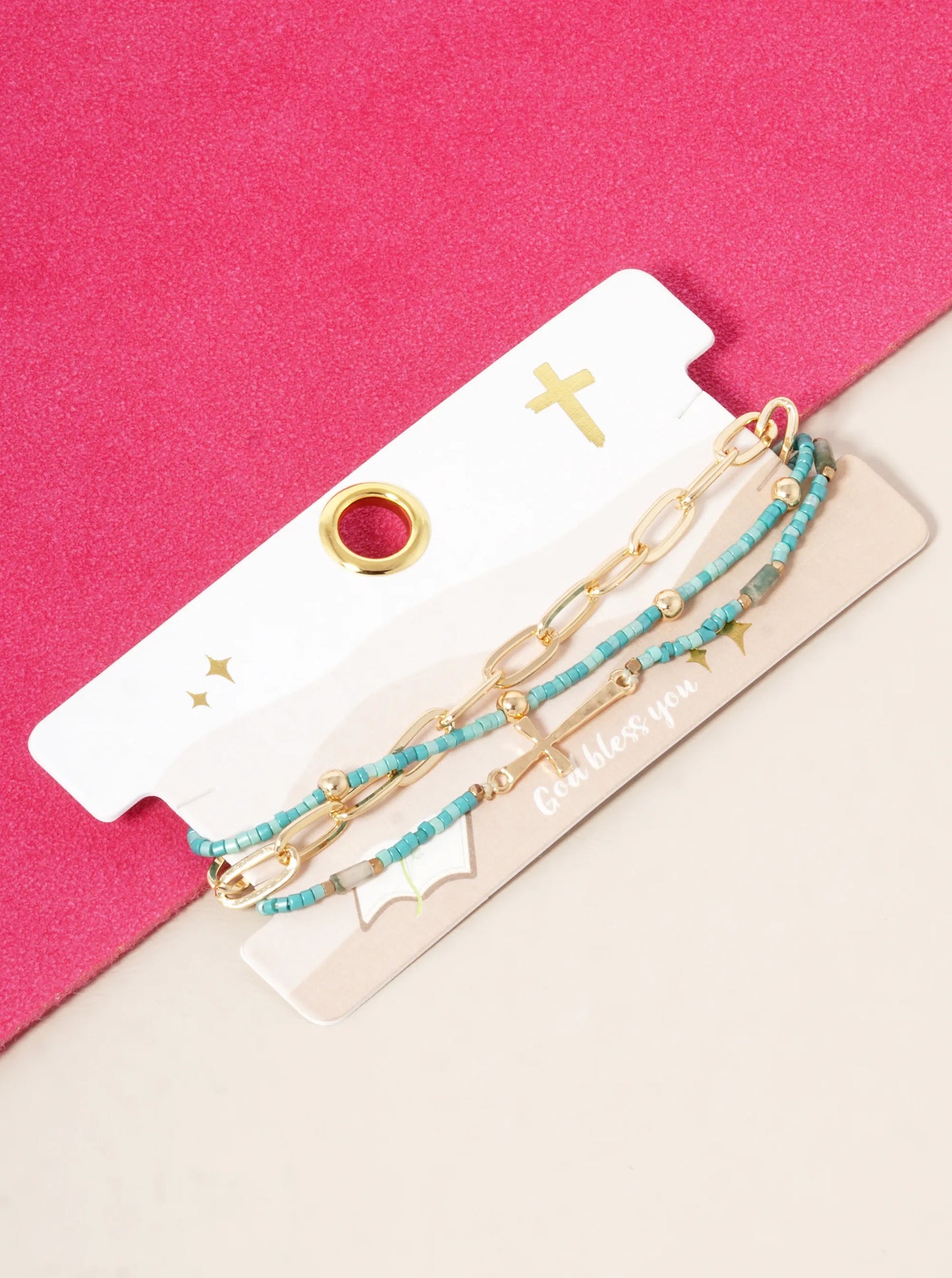Set Of 3 Set Seed Beaded Cross Chain Bracelet