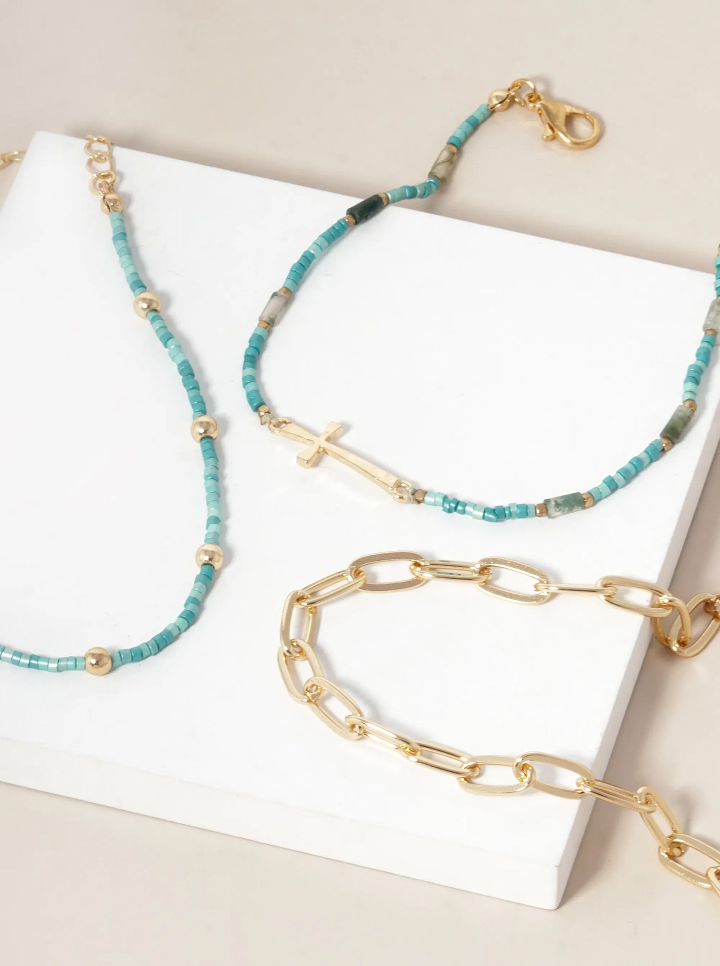 Set Of 3 Set Seed Beaded Cross Chain Bracelet