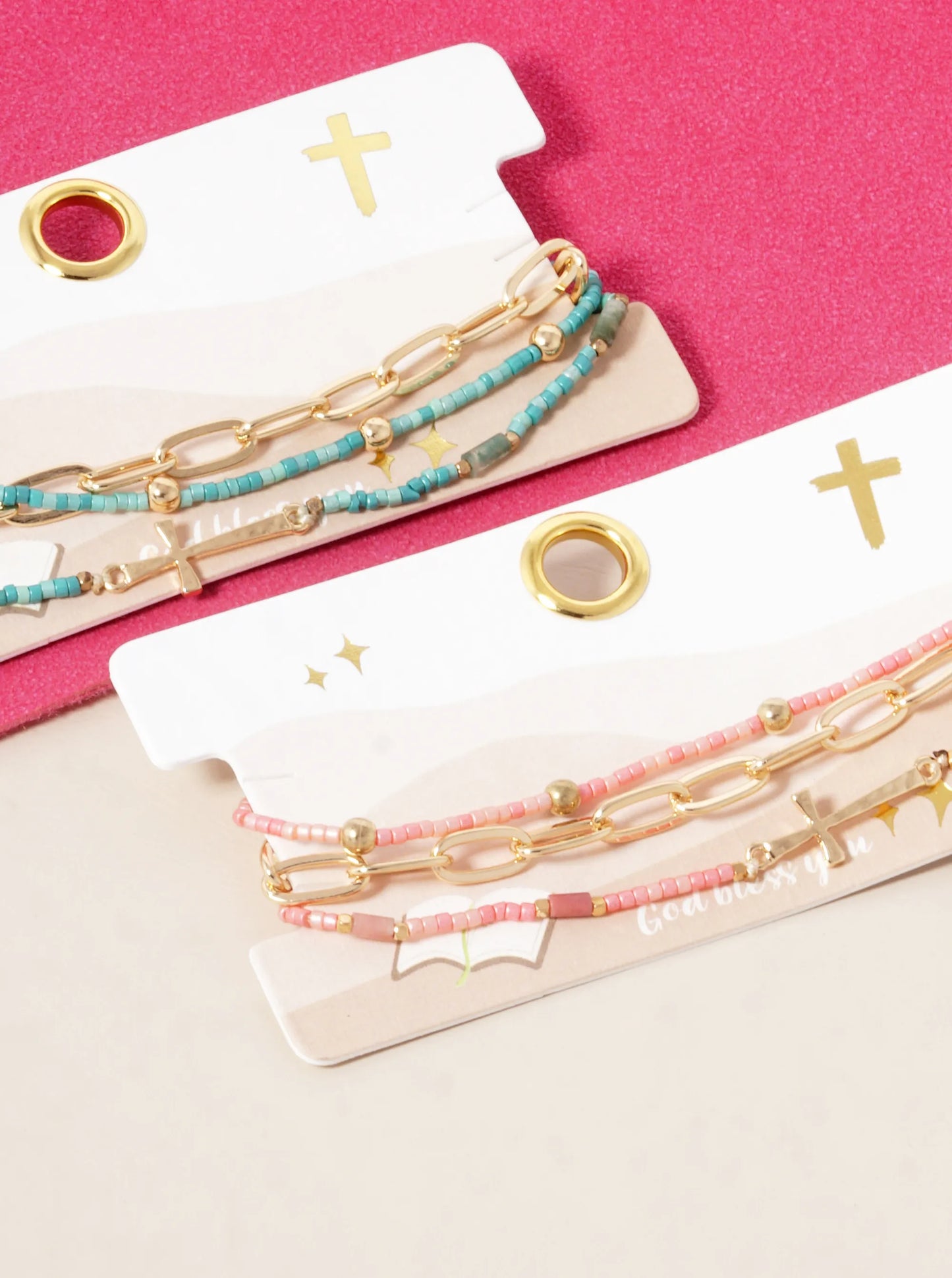 Set Of 3 Set Seed Beaded Cross Chain Bracelet
