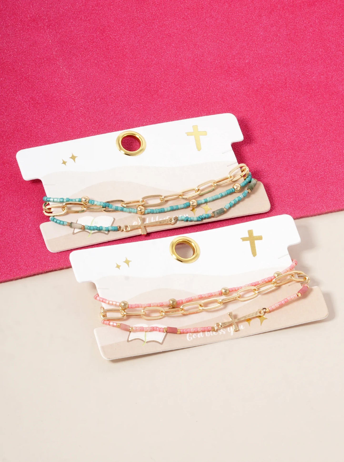Set Of 3 Set Seed Beaded Cross Chain Bracelet