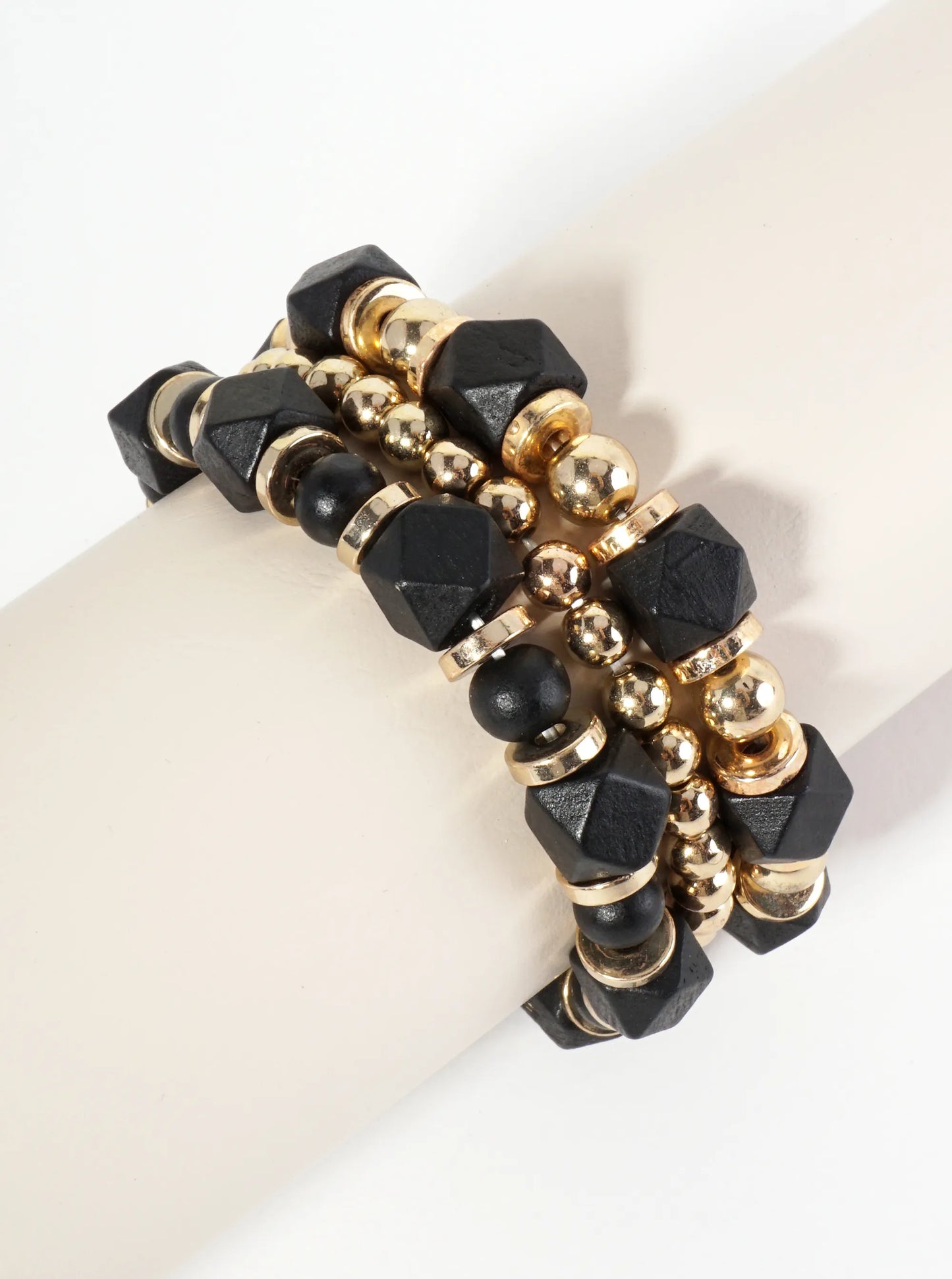 Set Of 3 Set Of 3 Wood And Metallic Beaded Stretch Stackable Bracelet
