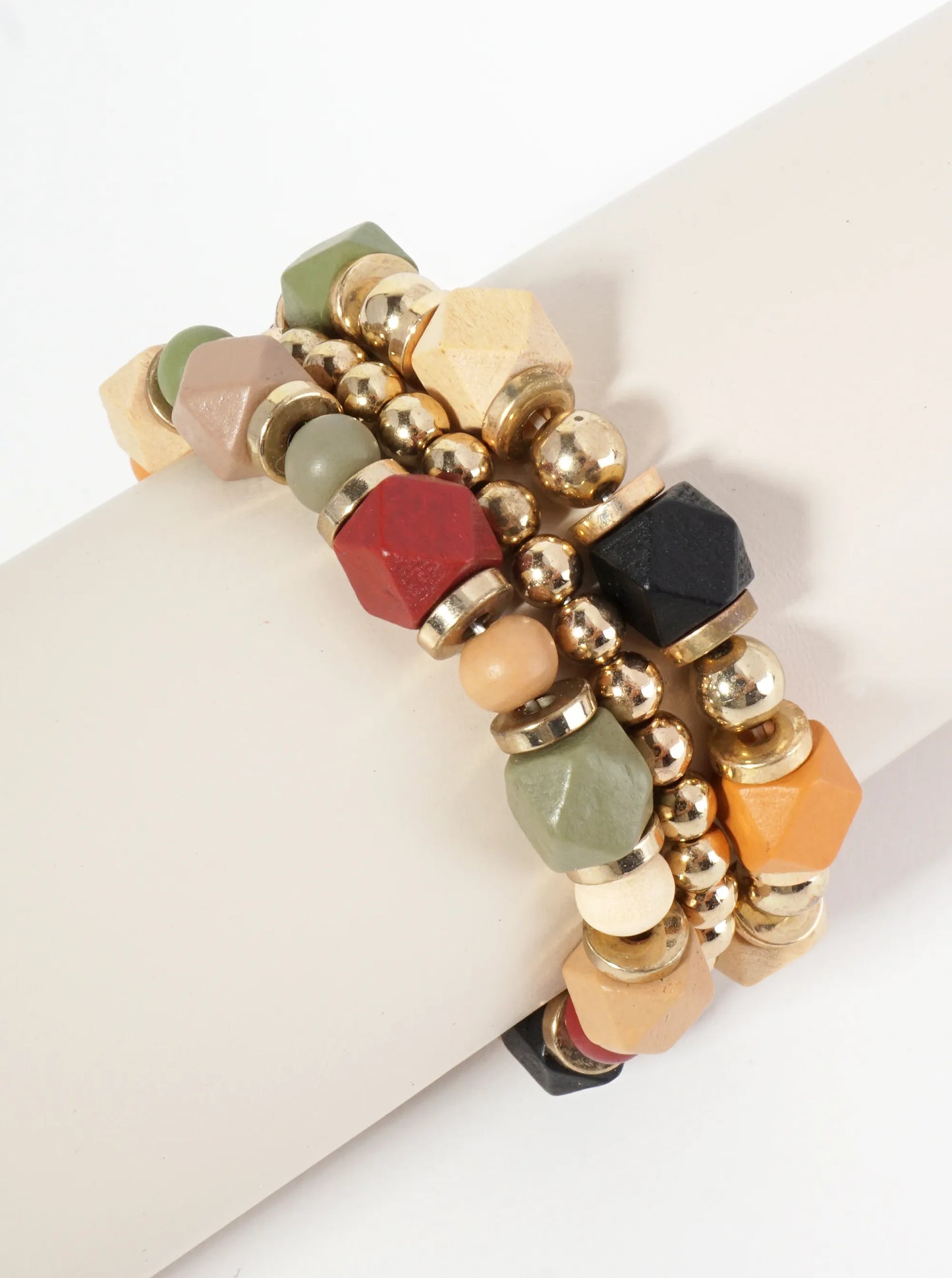 Set Of 3 Set Of 3 Wood And Metallic Beaded Stretch Stackable Bracelet