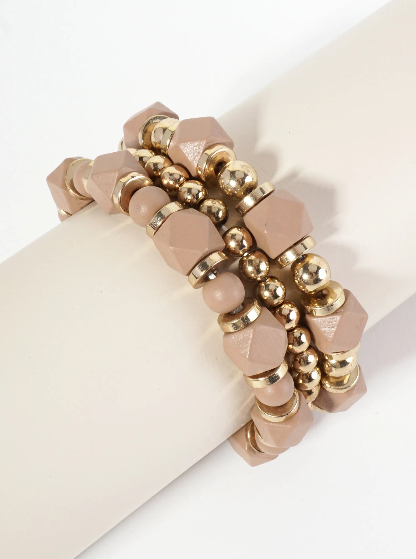 Set Of 3 Set Of 3 Wood And Metallic Beaded Stretch Stackable Bracelet