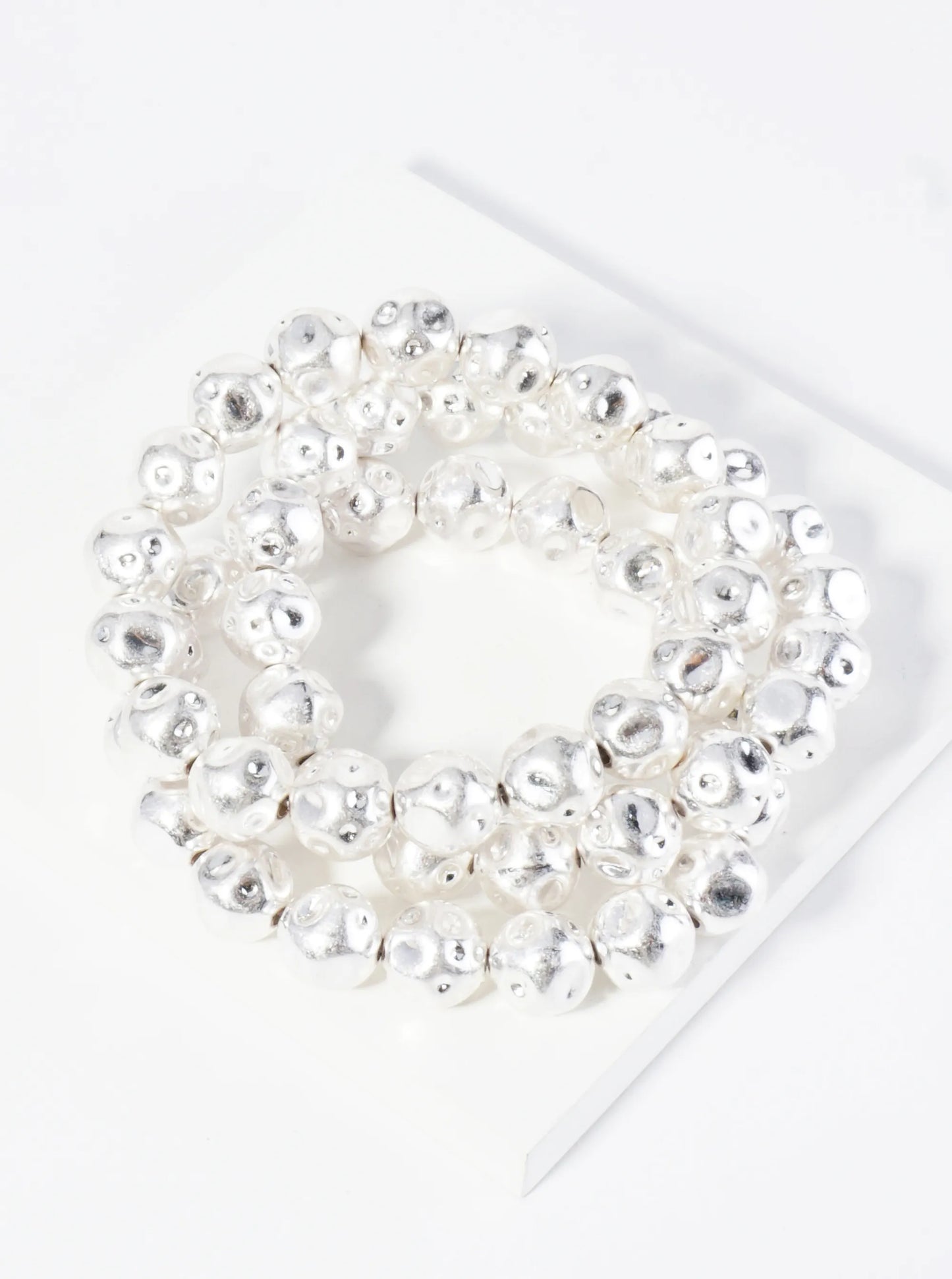 Set Of 3 Textured Metallic Beaded Stackable Stretch Bracelet