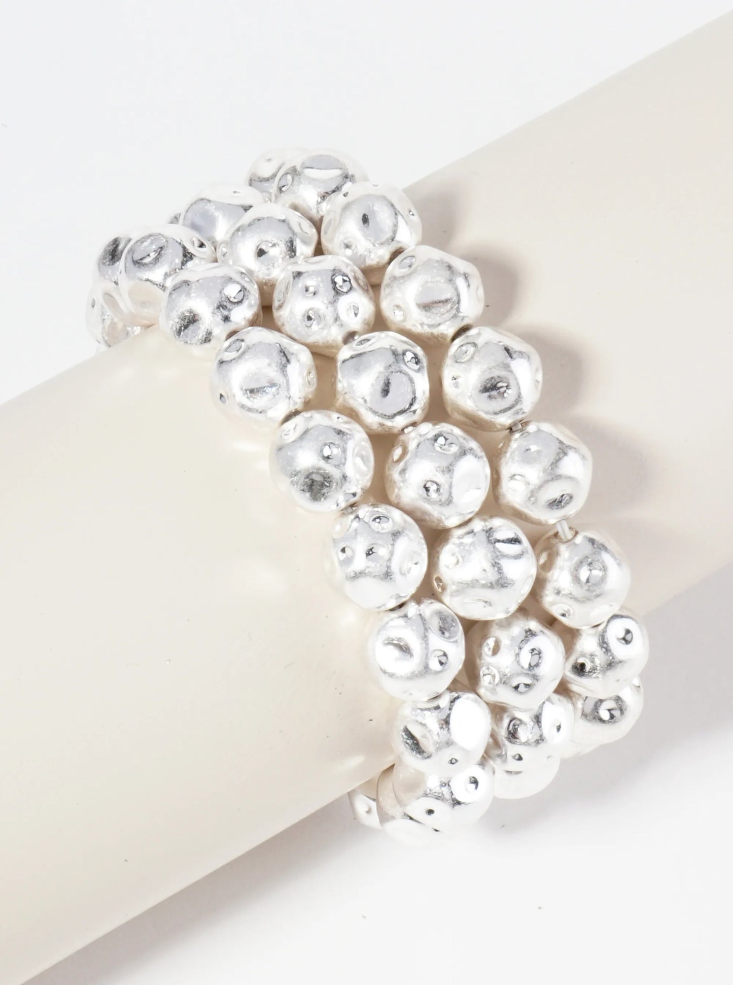 Set Of 3 Textured Metallic Beaded Stackable Stretch Bracelet