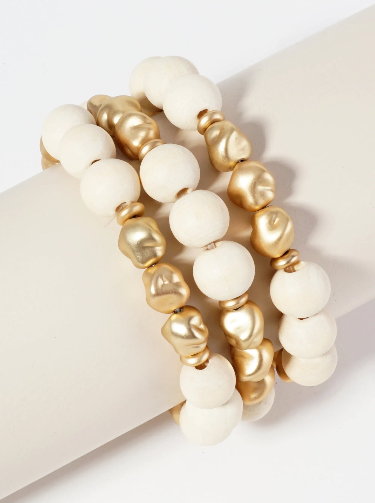 Set Of 3 Two-Tone Wood Beads Stackable Stretch Bracelet
