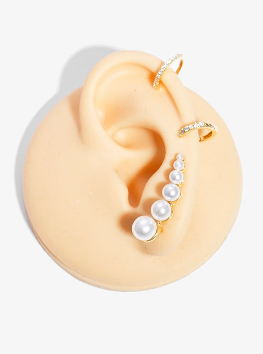 Set Of 3 White Gold Dipped Graduated Pearl Ear Crawler Cuff And Huggie Hoop Earrings