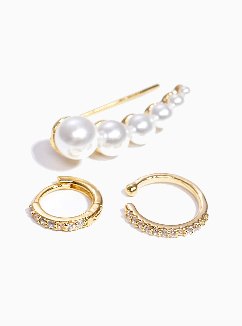 Set Of 3 White Gold Dipped Graduated Pearl Ear Crawler Cuff And Huggie Hoop Earrings