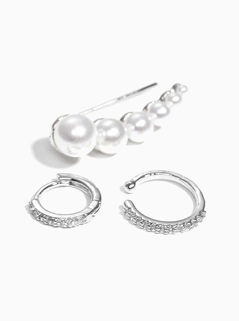 Set Of 3 White Gold Dipped Graduated Pearl Ear Crawler Cuff And Huggie Hoop Earrings