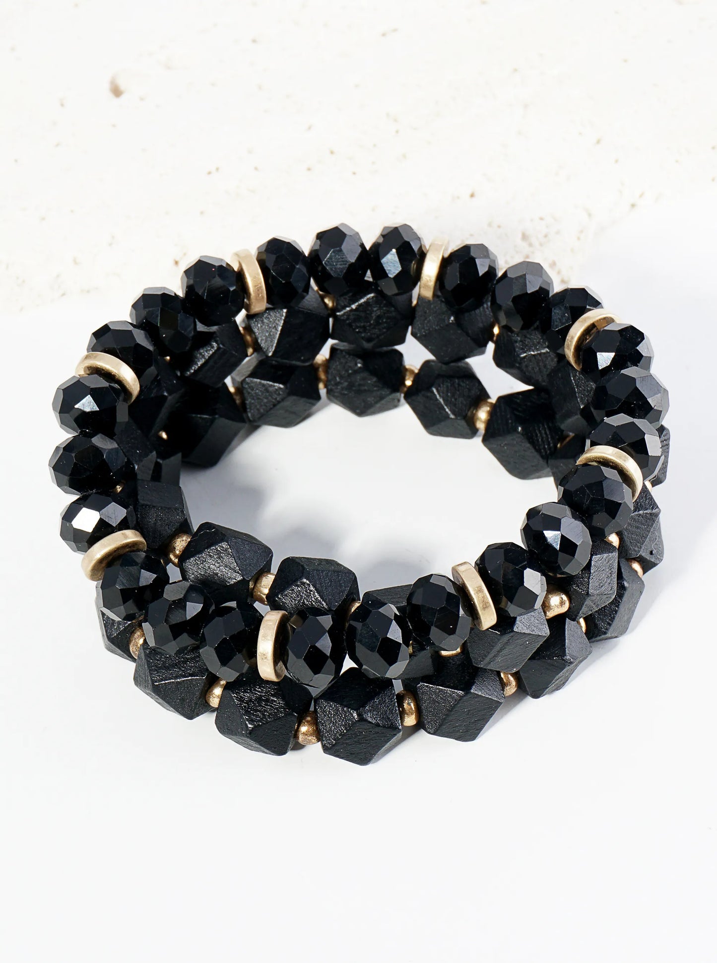 Set Of 3 Wood And Glass Beaded Stretch Stackable Bracelet