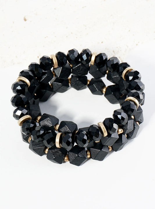 Set Of 3 Wood And Glass Beaded Stretch Stackable Bracelet
