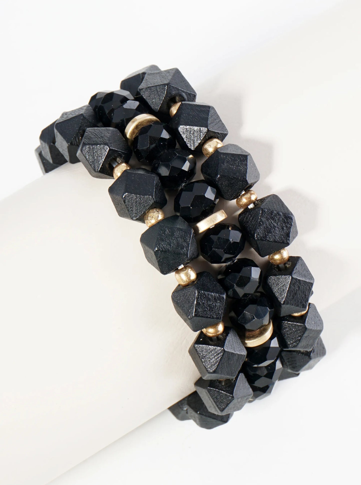 Set Of 3 Wood And Glass Beaded Stretch Stackable Bracelet