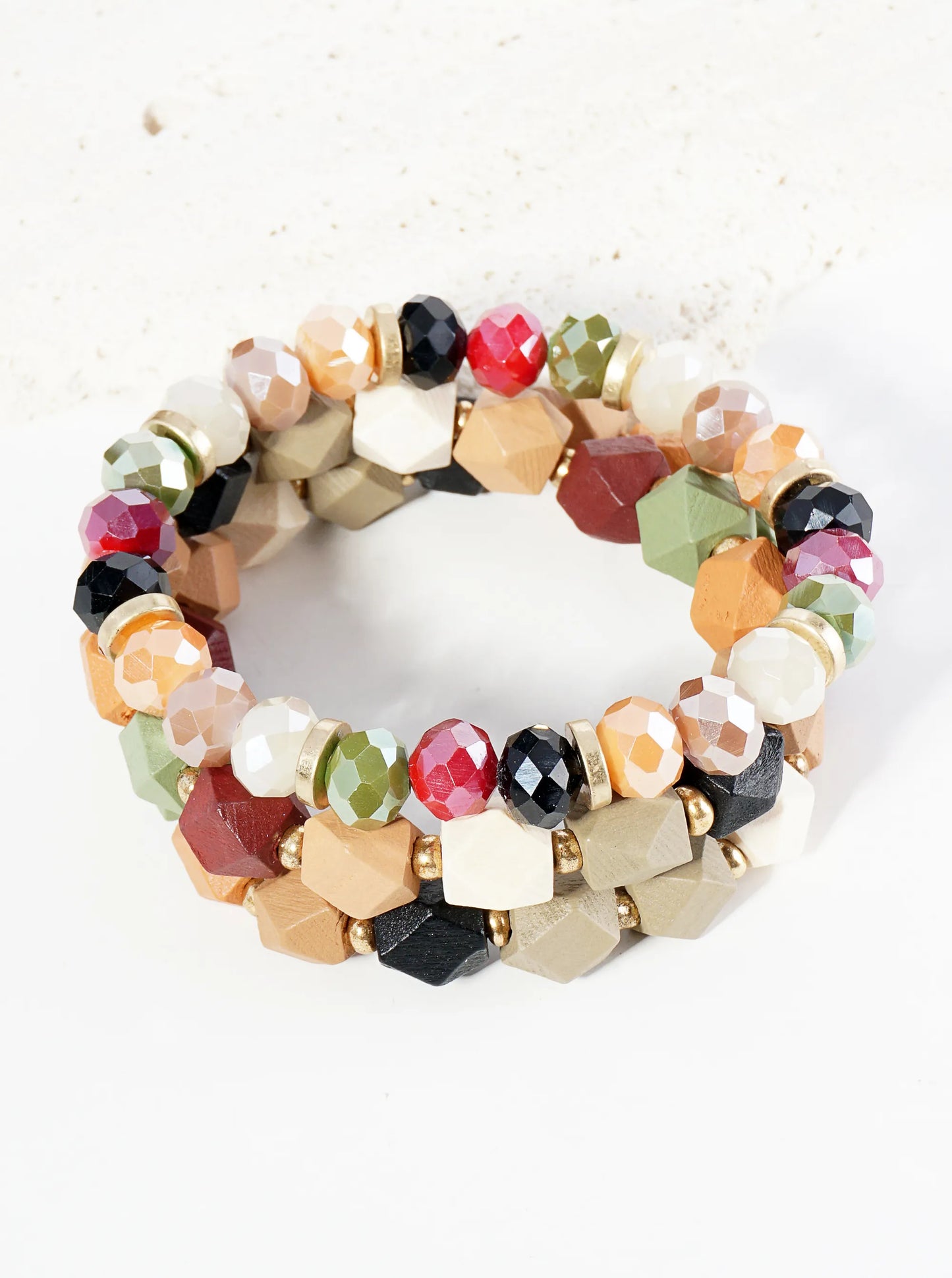 Set Of 3 Wood And Glass Beaded Stretch Stackable Bracelet