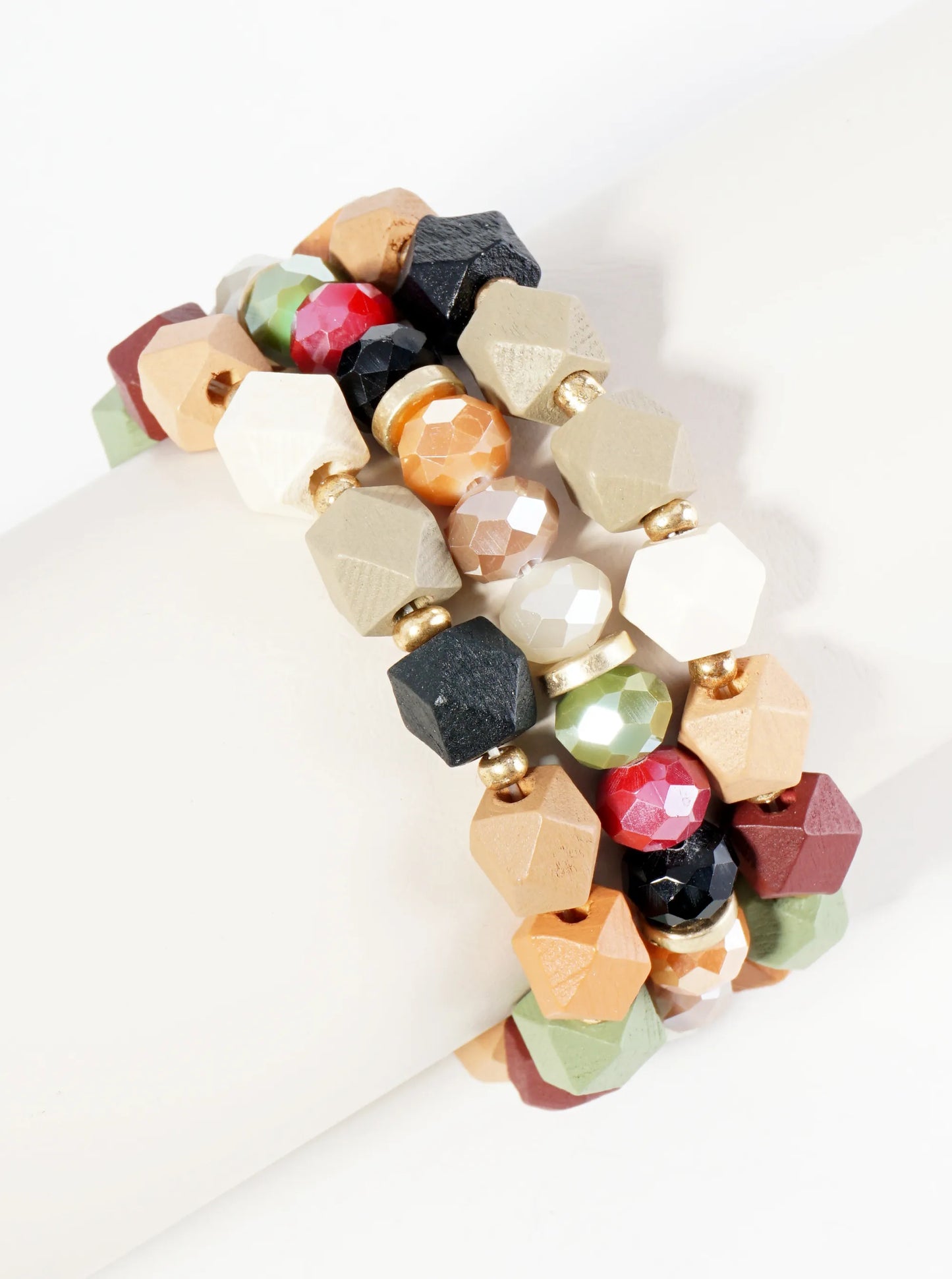 Set Of 3 Wood And Glass Beaded Stretch Stackable Bracelet