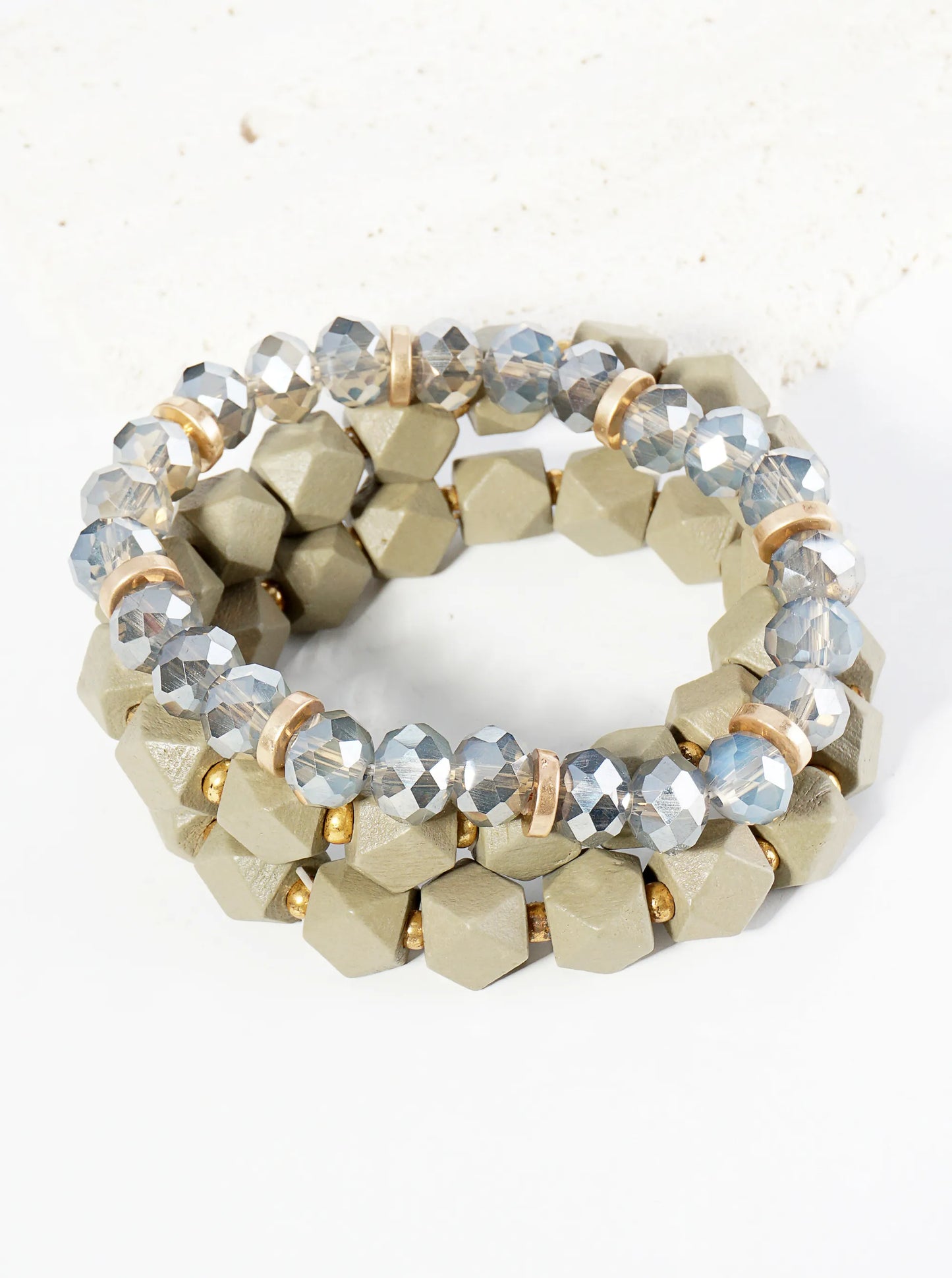 Set Of 3 Wood And Glass Beaded Stretch Stackable Bracelet