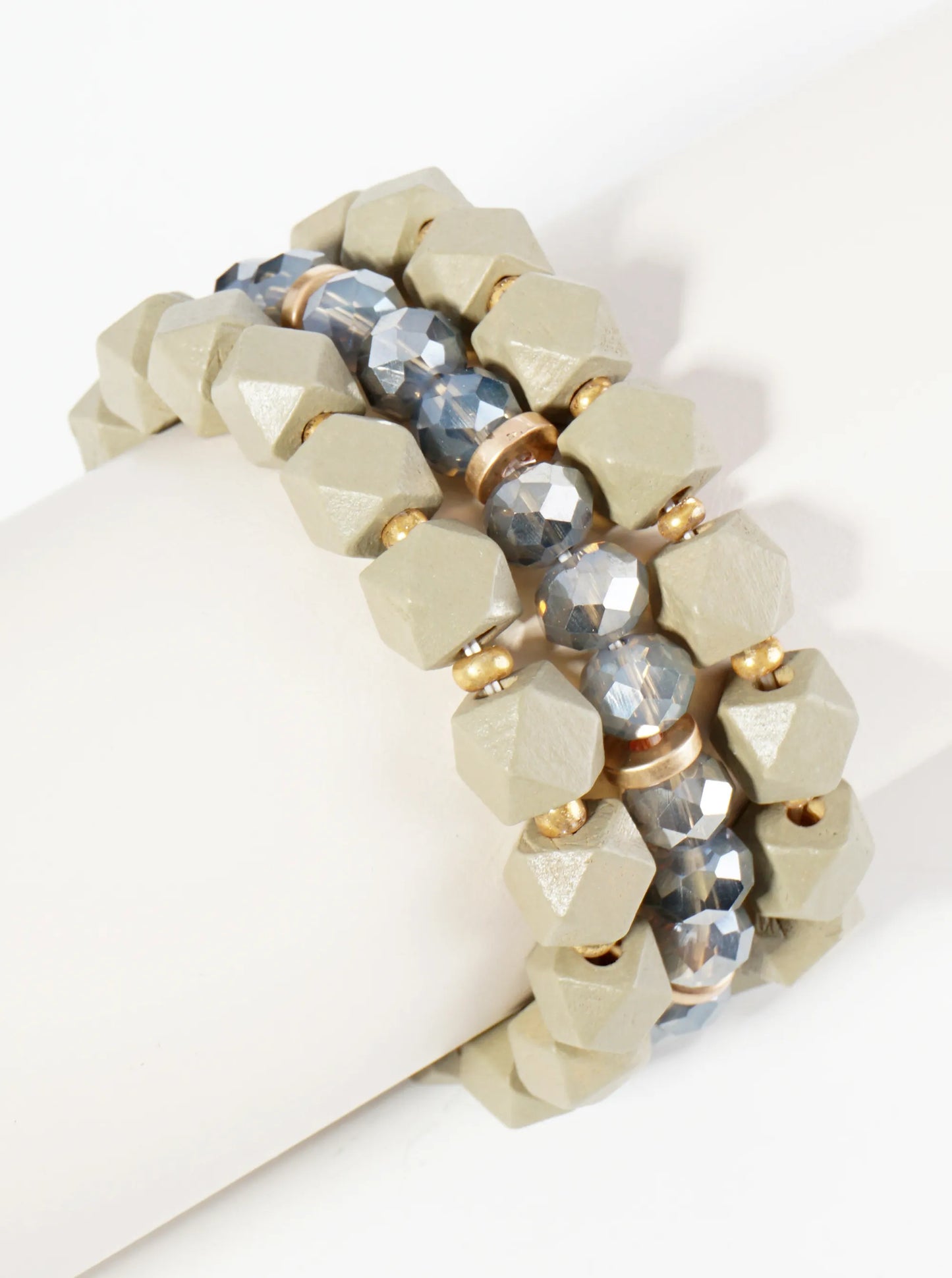 Set Of 3 Wood And Glass Beaded Stretch Stackable Bracelet